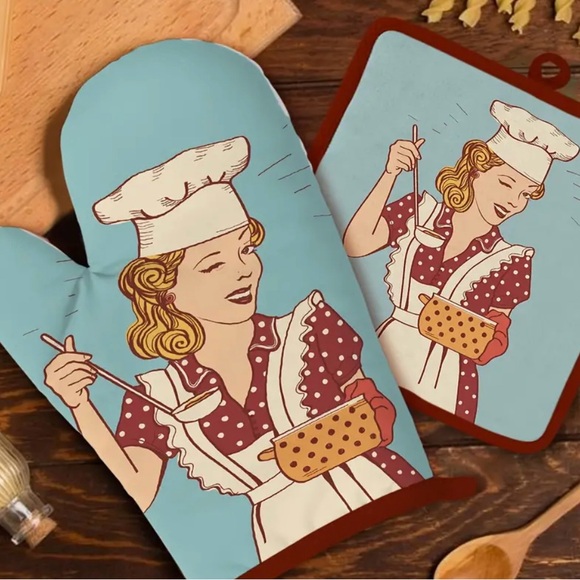 Vintage Oven Mitt & Pot Holder Set - Retro Woman Design, Heat Resistant, Decor - Picture 10 of 13